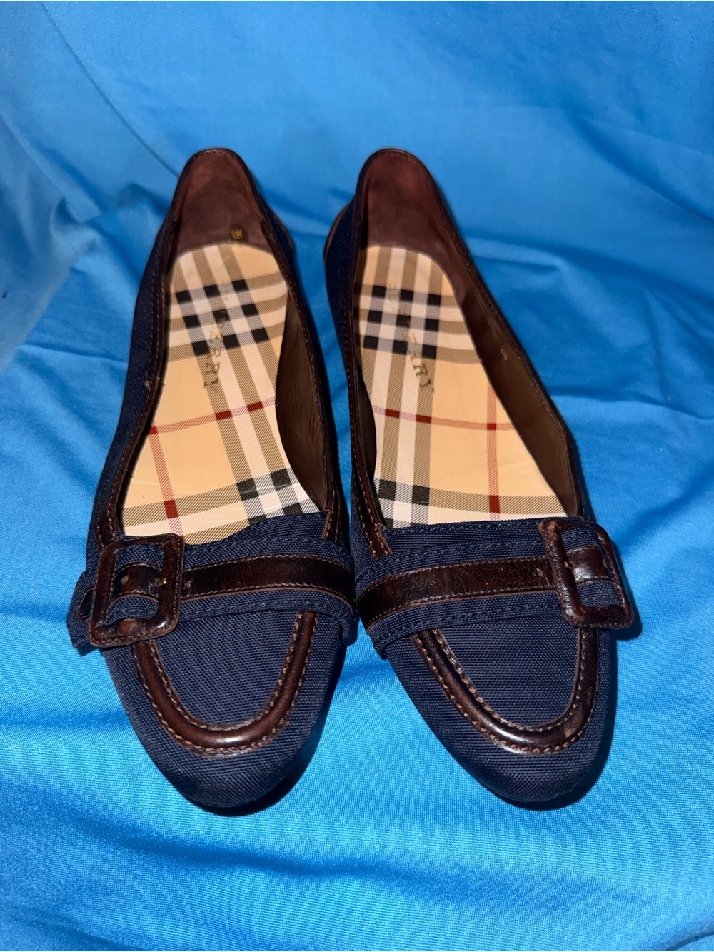 Burberry Buckle Women’s Navy Canvas and Brown Leather Trim Loafers
